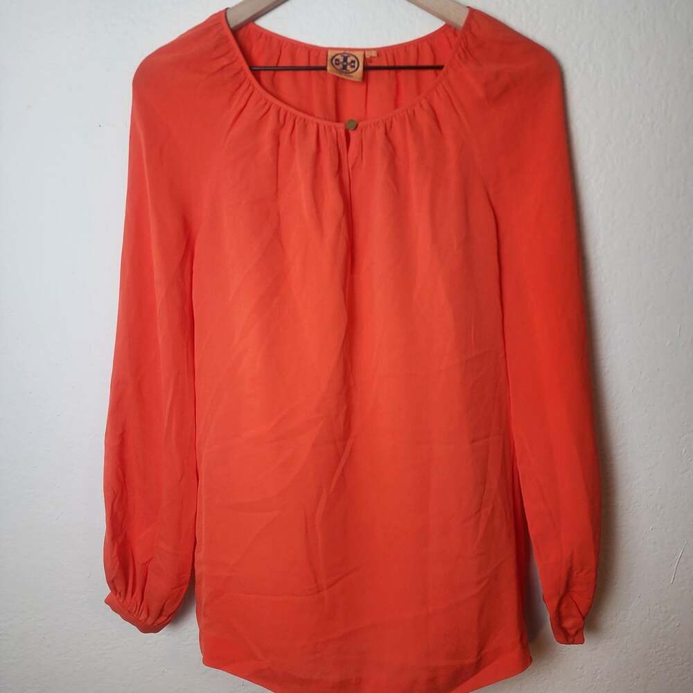 Tory Burch Blouse Womens 6 Orange Silk Long Sleeve Scoop Neck Top Pullover